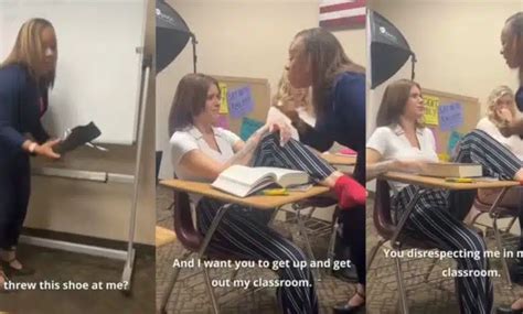 student throws shoe at teacher fake|Major update as vid shows female student hurl chair at teacher .